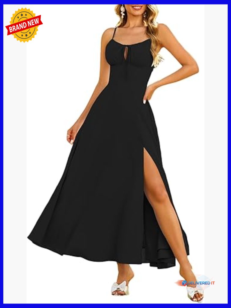 Spaghetti Strap Corset Midi Dress Boho Flowy Slit Square Neck Formal